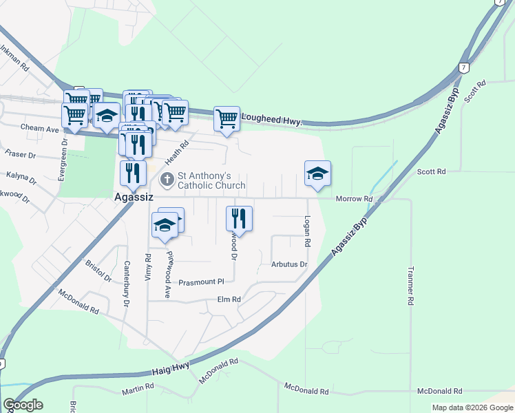 map of restaurants, bars, coffee shops, grocery stores, and more near 7479 Morrow Road in Agassiz