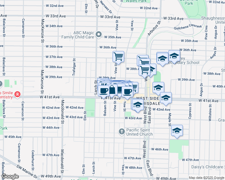 map of restaurants, bars, coffee shops, grocery stores, and more near in Vancouver