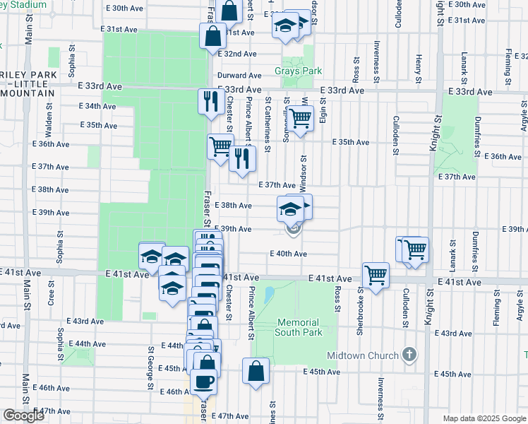 map of restaurants, bars, coffee shops, grocery stores, and more near 858 East 38th Avenue in Vancouver
