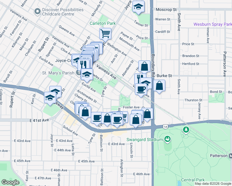 map of restaurants, bars, coffee shops, grocery stores, and more near 3588 Crowley Drive in Vancouver