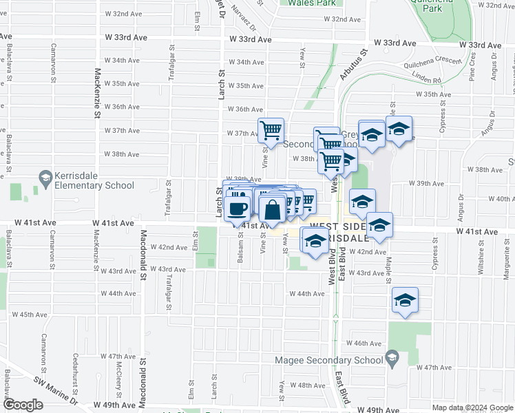 map of restaurants, bars, coffee shops, grocery stores, and more near in Vancouver