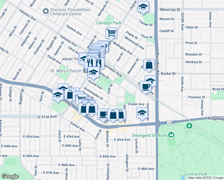map of restaurants, bars, coffee shops, grocery stores, and more near 5398 Tyne Street in Vancouver