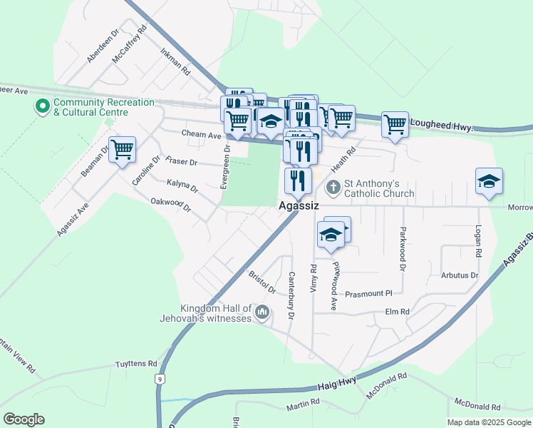 map of restaurants, bars, coffee shops, grocery stores, and more near 1640 MacKay Crescent in Agassiz