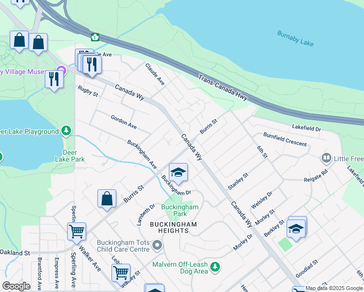 map of restaurants, bars, coffee shops, grocery stores, and more near 7683 Burris Street in Burnaby