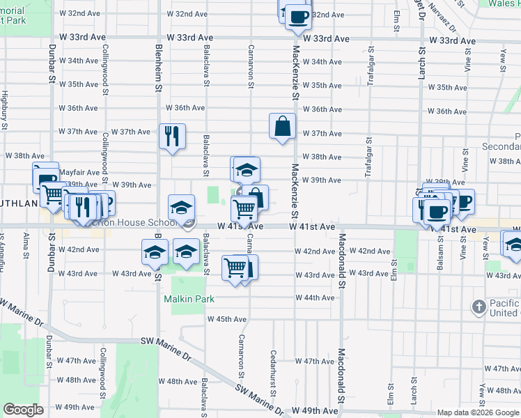 map of restaurants, bars, coffee shops, grocery stores, and more near 2980 West 40th Avenue in Vancouver