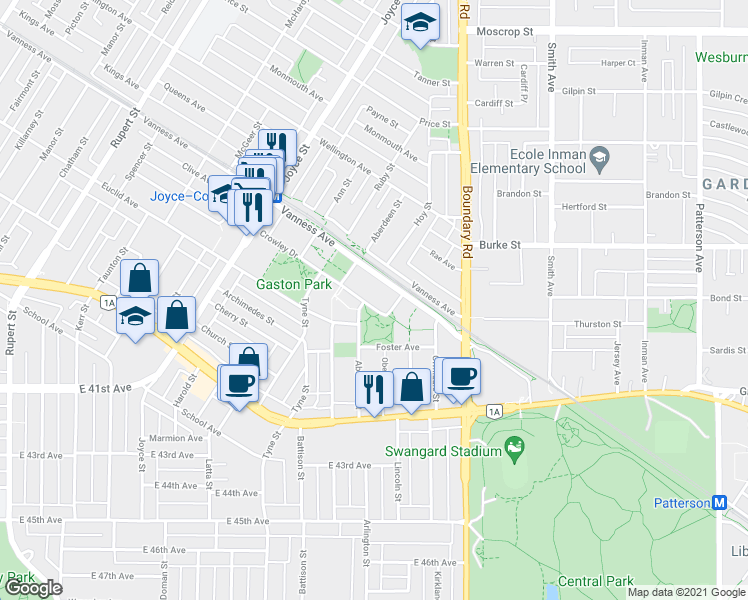 map of restaurants, bars, coffee shops, grocery stores, and more near 3638 Vanness Avenue in Vancouver