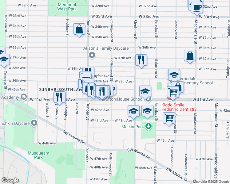 map of restaurants, bars, coffee shops, grocery stores, and more near 3478 West 40th Avenue in Vancouver
