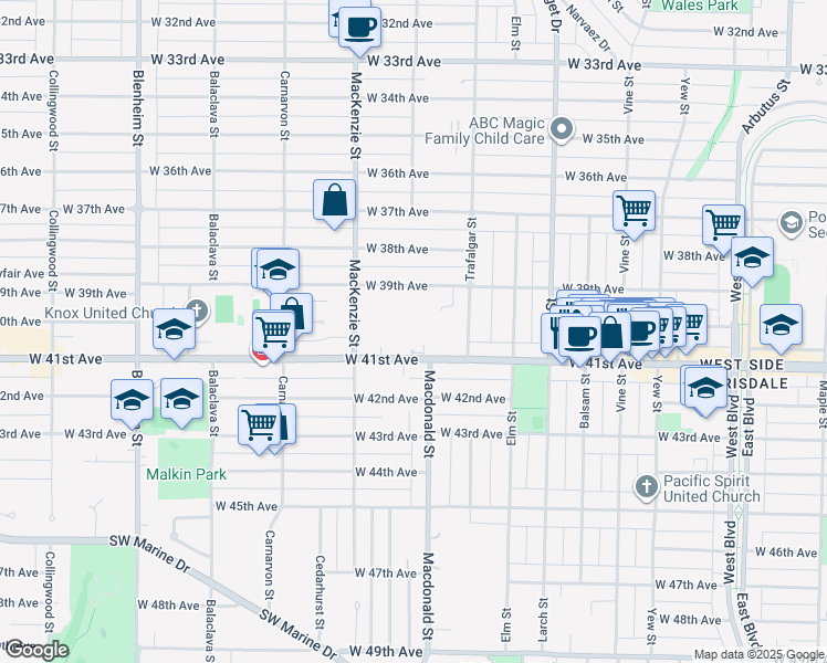 map of restaurants, bars, coffee shops, grocery stores, and more near 2803 West 41st Avenue in Vancouver
