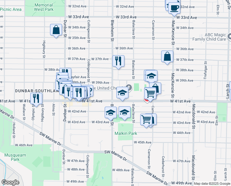 map of restaurants, bars, coffee shops, grocery stores, and more near 5630 Blenheim Street in Vancouver
