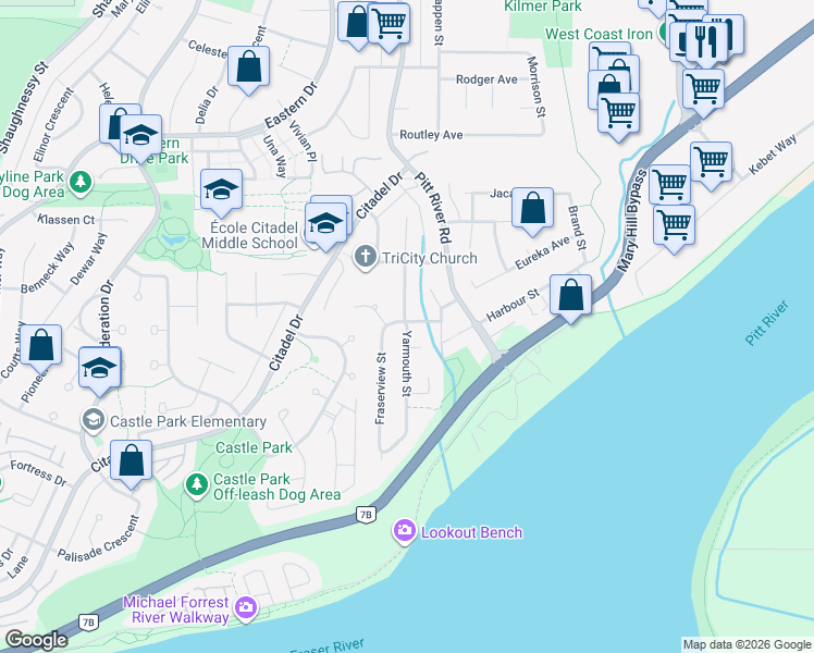 map of restaurants, bars, coffee shops, grocery stores, and more near Yarmouth Street in Port Coquitlam