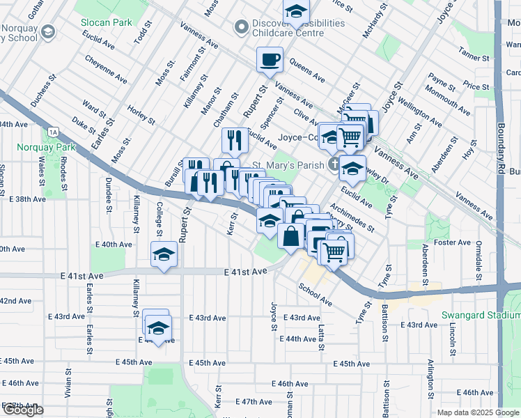 map of restaurants, bars, coffee shops, grocery stores, and more near in Vancouver