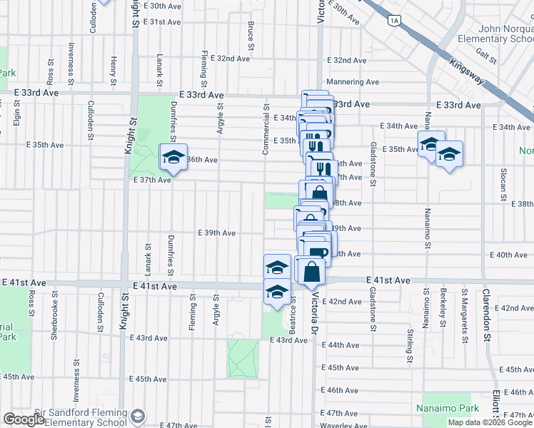 map of restaurants, bars, coffee shops, grocery stores, and more near 1807 East 38th Avenue in Vancouver