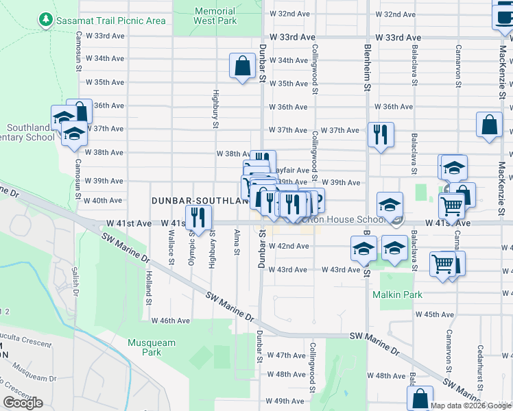 map of restaurants, bars, coffee shops, grocery stores, and more near 5621 Dunbar Street in Vancouver