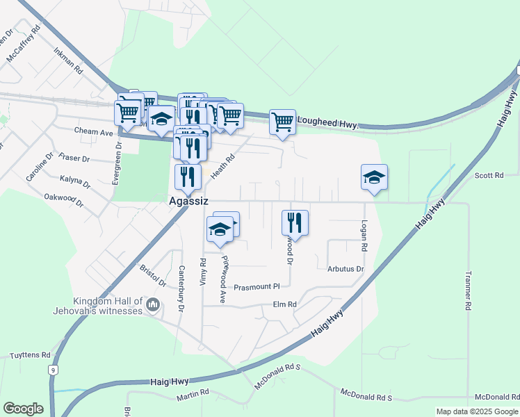 map of restaurants, bars, coffee shops, grocery stores, and more near 7328 Morrow Road in Agassiz