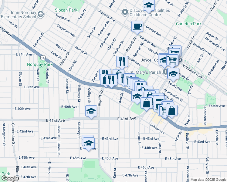 map of restaurants, bars, coffee shops, grocery stores, and more near in Vancouver
