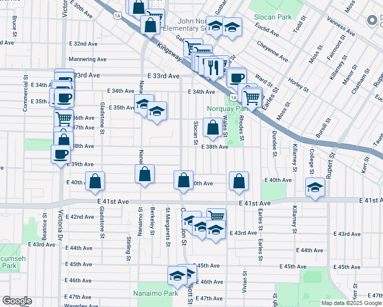 map of restaurants, bars, coffee shops, grocery stores, and more near in Vancouver