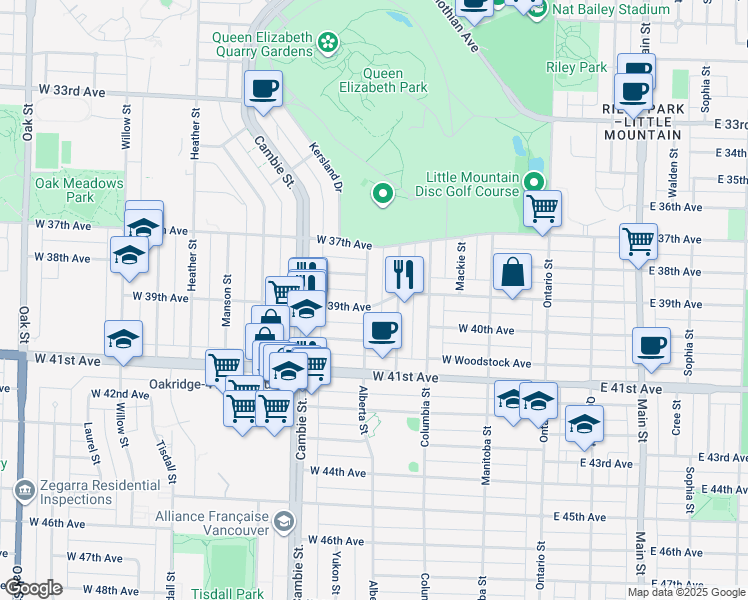map of restaurants, bars, coffee shops, grocery stores, and more near in Vancouver