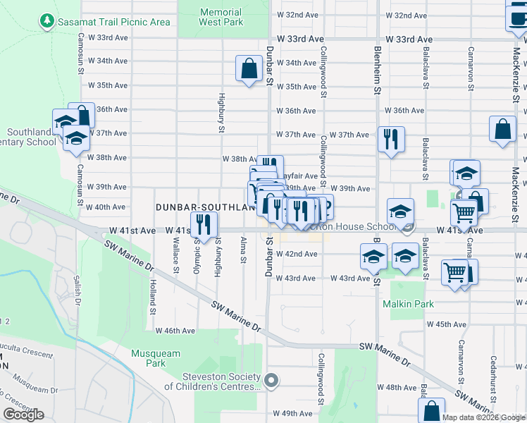map of restaurants, bars, coffee shops, grocery stores, and more near 5621 Dunbar Street in Vancouver