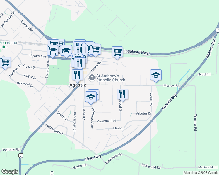 map of restaurants, bars, coffee shops, grocery stores, and more near 7365 Morrow Road in Agassiz