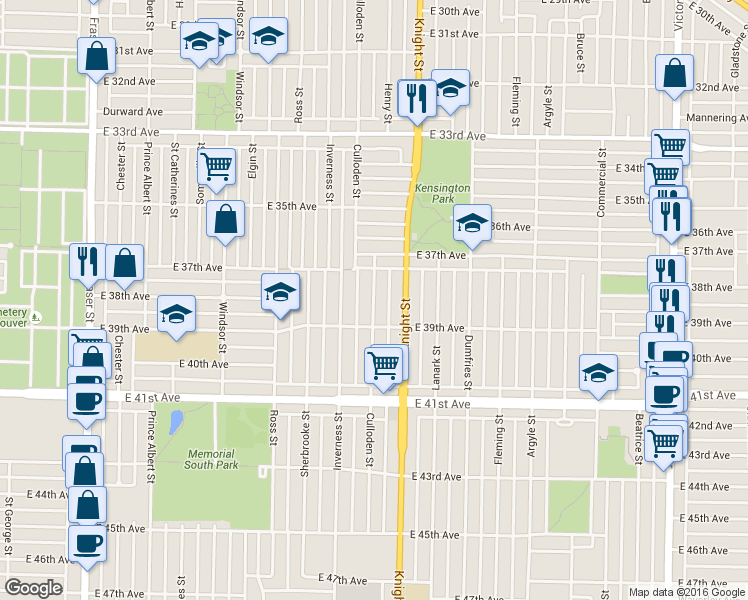 map of restaurants, bars, coffee shops, grocery stores, and more near 5418 Culloden Street in Vancouver