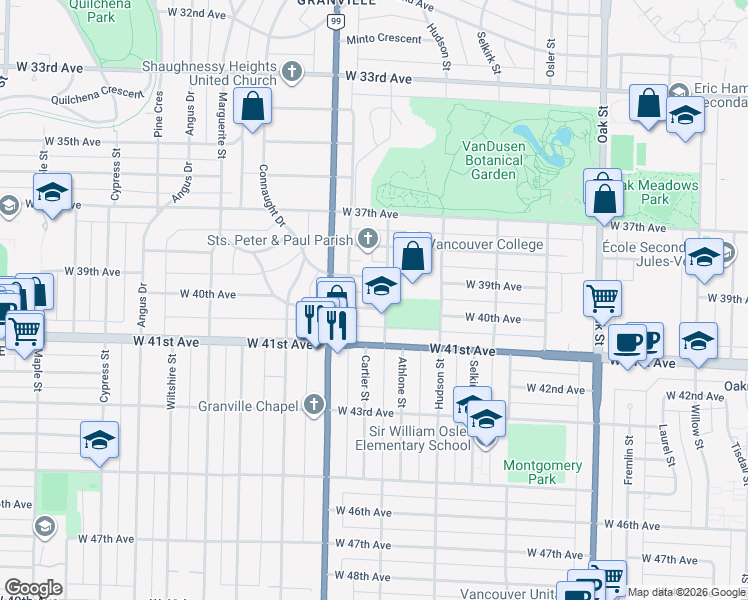 map of restaurants, bars, coffee shops, grocery stores, and more near 1415 West 40th Avenue in Vancouver