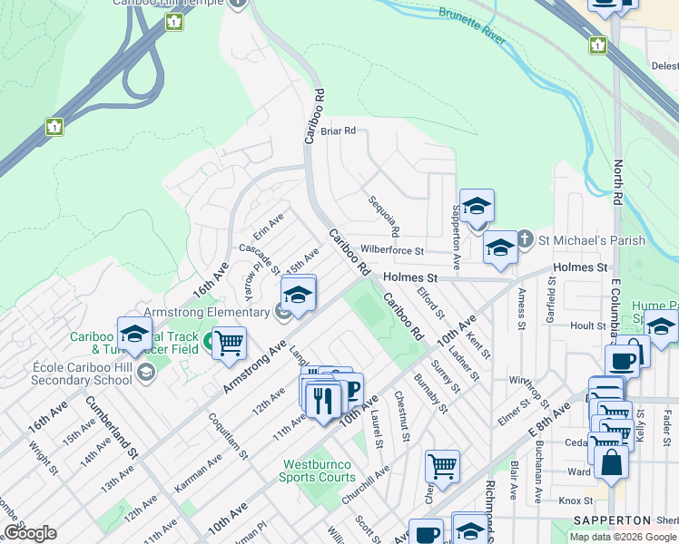 map of restaurants, bars, coffee shops, grocery stores, and more near 8940 Monroe Avenue in Burnaby