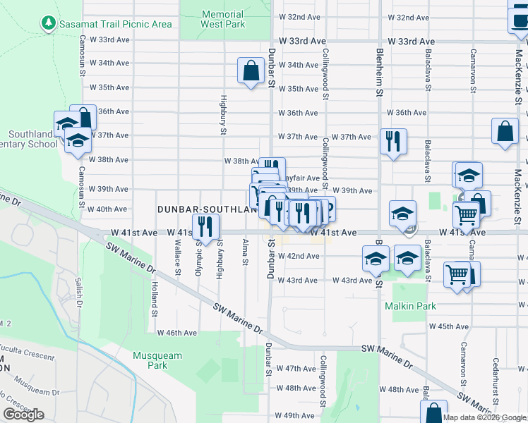 map of restaurants, bars, coffee shops, grocery stores, and more near in Vancouver