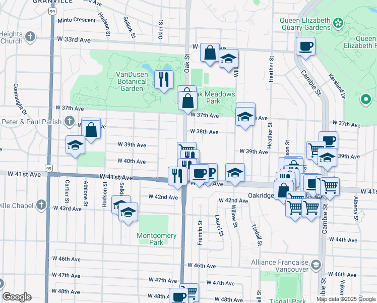 map of restaurants, bars, coffee shops, grocery stores, and more near 5518 Oak Street in Vancouver