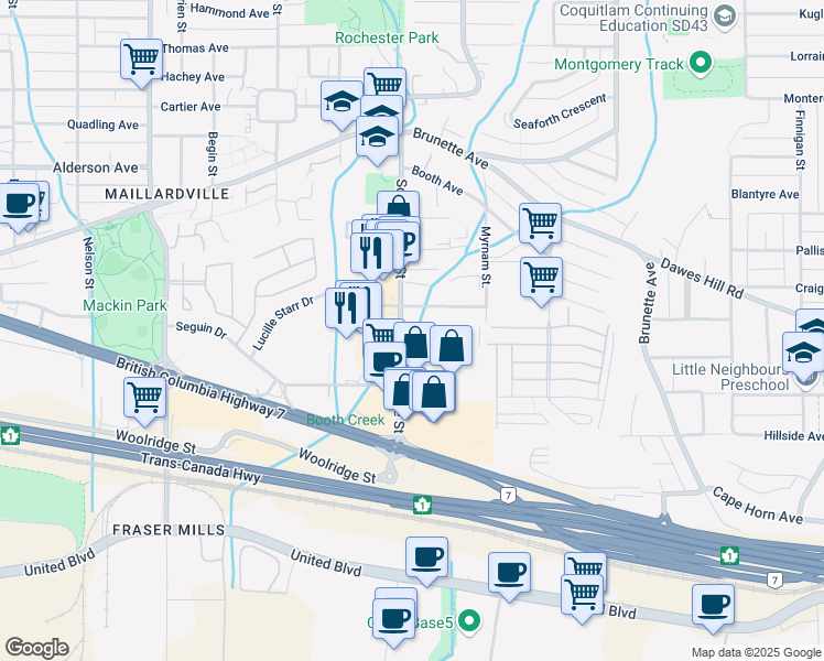 map of restaurants, bars, coffee shops, grocery stores, and more near 1550 Lucille Starr Way in Coquitlam