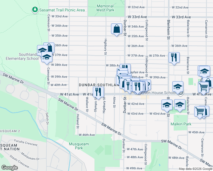 map of restaurants, bars, coffee shops, grocery stores, and more near 5616 Highbury Street in Vancouver