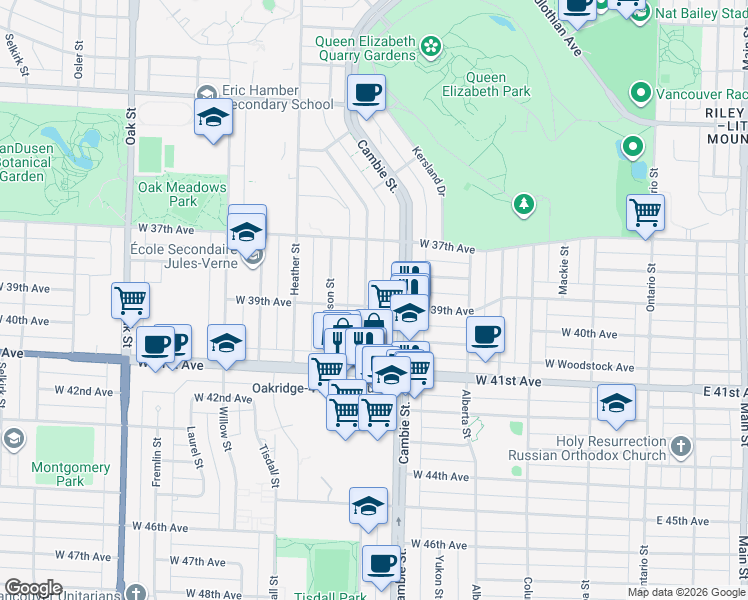 map of restaurants, bars, coffee shops, grocery stores, and more near 5490 Ash Street in Vancouver