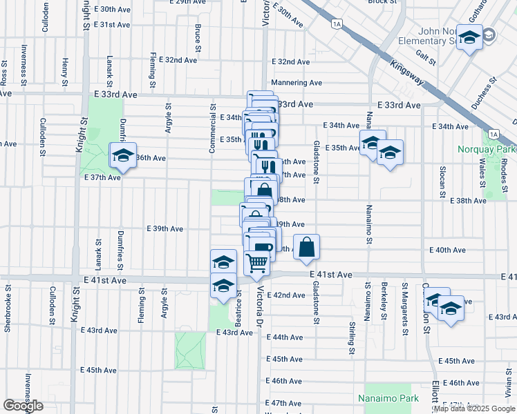 map of restaurants, bars, coffee shops, grocery stores, and more near in Vancouver