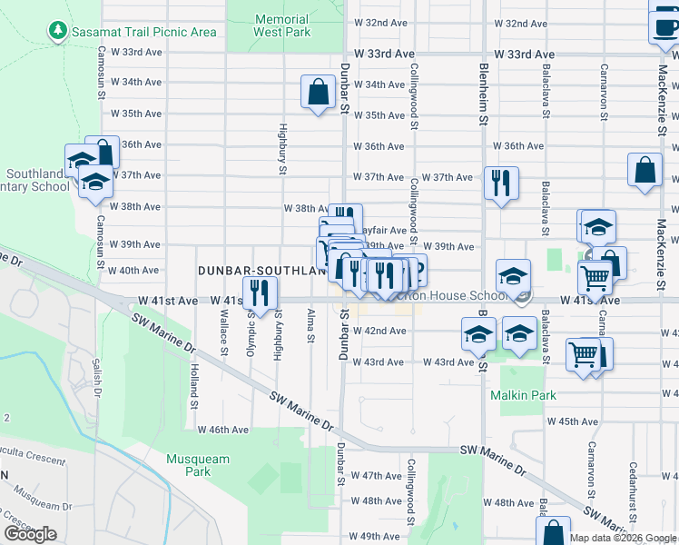 map of restaurants, bars, coffee shops, grocery stores, and more near 5605 Dunbar Street in Vancouver