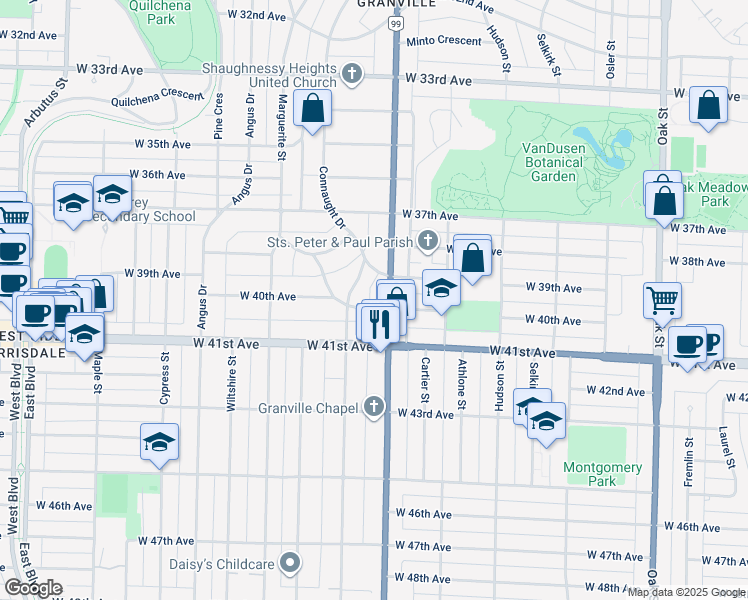 map of restaurants, bars, coffee shops, grocery stores, and more near 1537 West 40th Avenue in Vancouver
