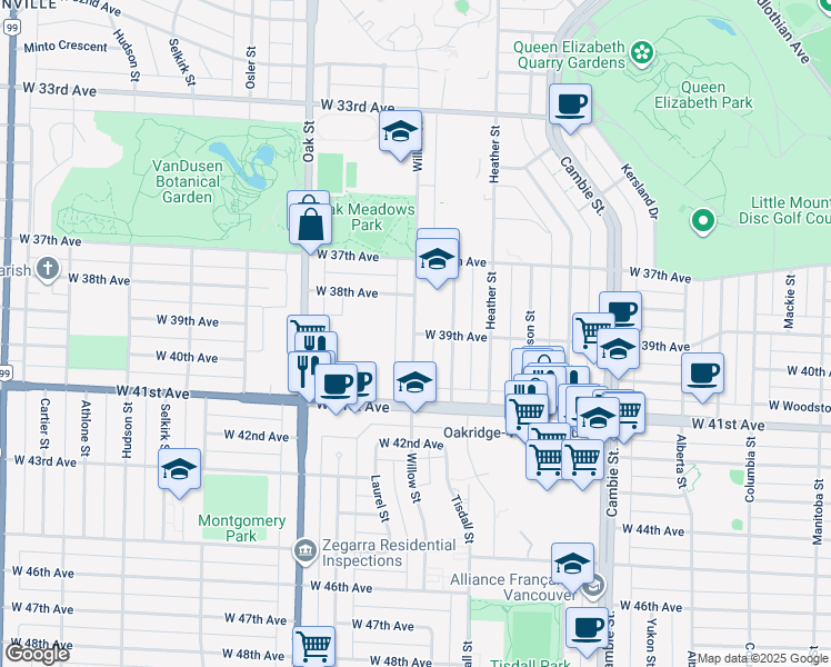 map of restaurants, bars, coffee shops, grocery stores, and more near 788 West 39th Avenue in Vancouver