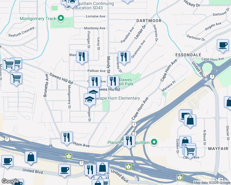 map of restaurants, bars, coffee shops, grocery stores, and more near 2210 Dawes Hill Road in Coquitlam