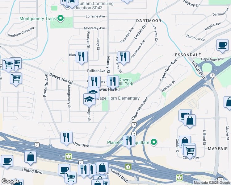 map of restaurants, bars, coffee shops, grocery stores, and more near 2210 Dawes Hill Road in Coquitlam