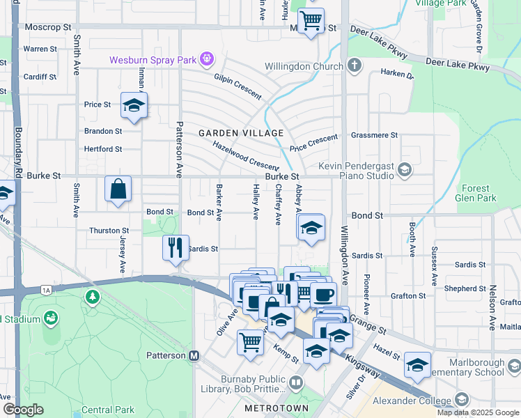 map of restaurants, bars, coffee shops, grocery stores, and more near 5388 Halley Avenue in Burnaby