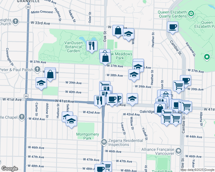 map of restaurants, bars, coffee shops, grocery stores, and more near 5522 Oak Street in Vancouver