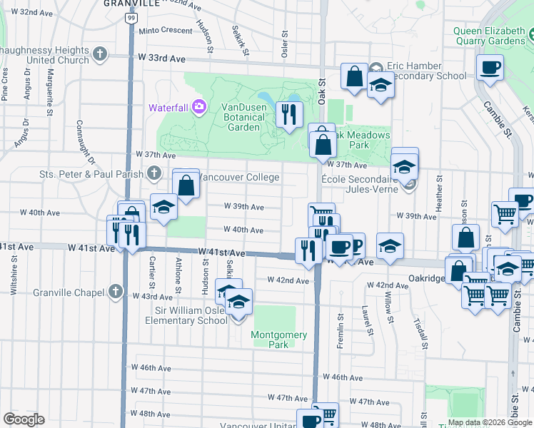 map of restaurants, bars, coffee shops, grocery stores, and more near 1136 West 39th Avenue in Vancouver