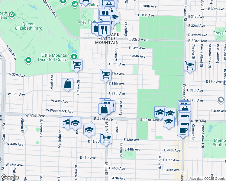 map of restaurants, bars, coffee shops, grocery stores, and more near 241 East 39th Avenue in Vancouver