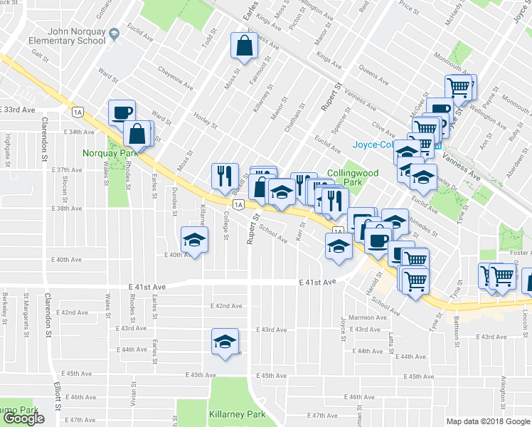 map of restaurants, bars, coffee shops, grocery stores, and more near in Vancouver