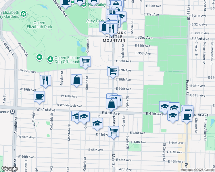 map of restaurants, bars, coffee shops, grocery stores, and more near 175 East 39th Avenue in Vancouver