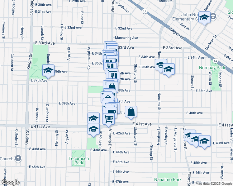 map of restaurants, bars, coffee shops, grocery stores, and more near 2034 East 38th Avenue in Vancouver