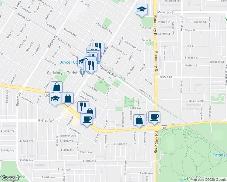 map of restaurants, bars, coffee shops, grocery stores, and more near 5398 Tyne Street in Vancouver