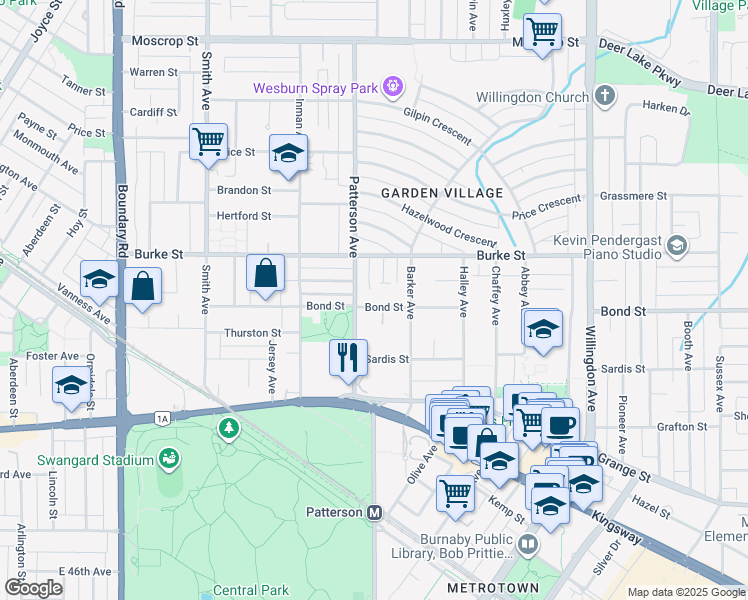 map of restaurants, bars, coffee shops, grocery stores, and more near 4133 Bond Street in Burnaby