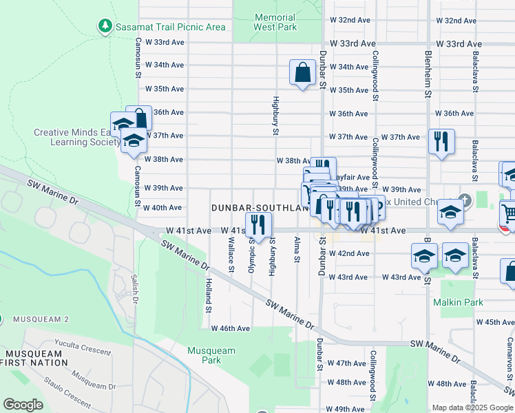 map of restaurants, bars, coffee shops, grocery stores, and more near 5588 Olympic Street in Vancouver