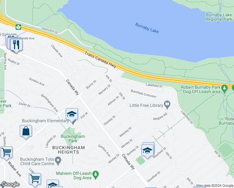 map of restaurants, bars, coffee shops, grocery stores, and more near 6185 6th Street in Burnaby