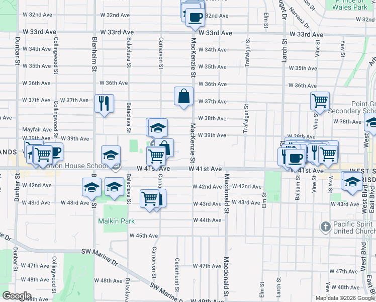 map of restaurants, bars, coffee shops, grocery stores, and more near 5595 Mackenzie Street in Vancouver