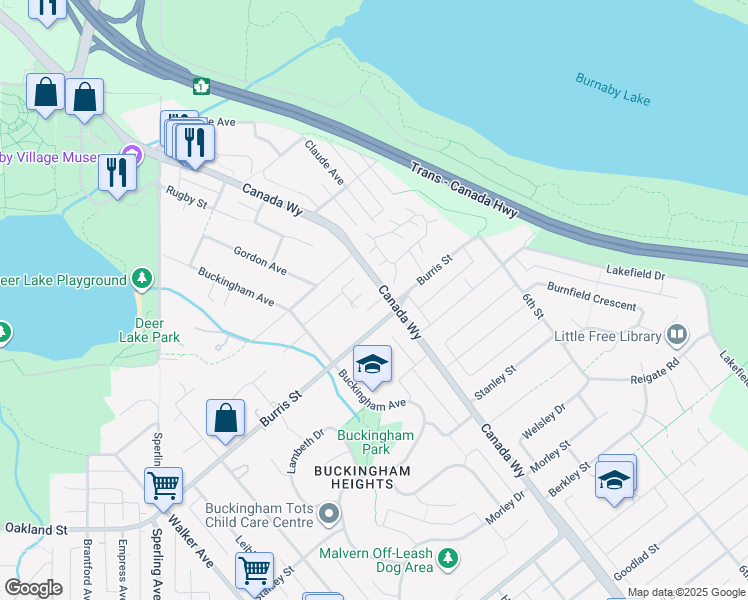 map of restaurants, bars, coffee shops, grocery stores, and more near 5831 Canada Way in Burnaby